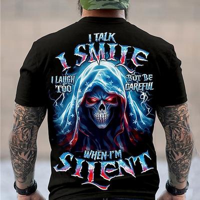 Grafik-T-Shirt für Herren 'Ich rede ich lächle ich lache auch aber sei vorsichtig wenn ich still bin.' Skull-Design Kurzärmeliges Lifestyle-Top