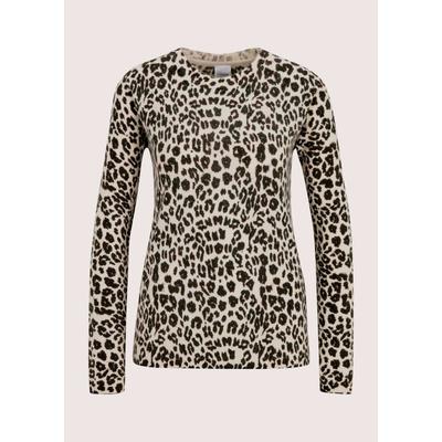 Longpullover MADELEINE "Pullover Kaschmirpullover mit Leopardenmuster", Damen, Gr. 40/42, perlweiß, braun, Modern, slim fit, Pullover Longpullover
