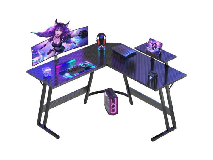 Bureau Gaming d'angle 120x120cm Support Écran & Design L Noir Surface Spacieuse pour Multi-Écrans Support Moniteur Shape en L