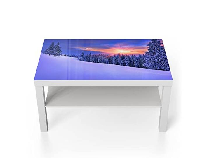 DEQORI Glastisch weiß groß 90x50 cm Motiv Berg-Winterlandschaft ausgefallener Beistelltisch aus Glas Hochglanz Couchtisch fürs Wohnzimmer moderner Couch Tisch mit Design