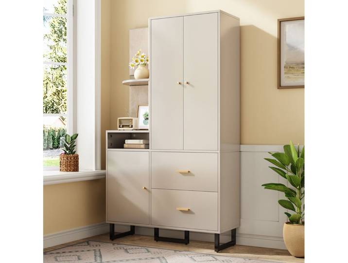 Meuble D'entrée MDF Gris Beige Vestiaire Compact FloraGrace Pour Hall Et Entrée Avec Tringle Extractible 110x38x186cm
