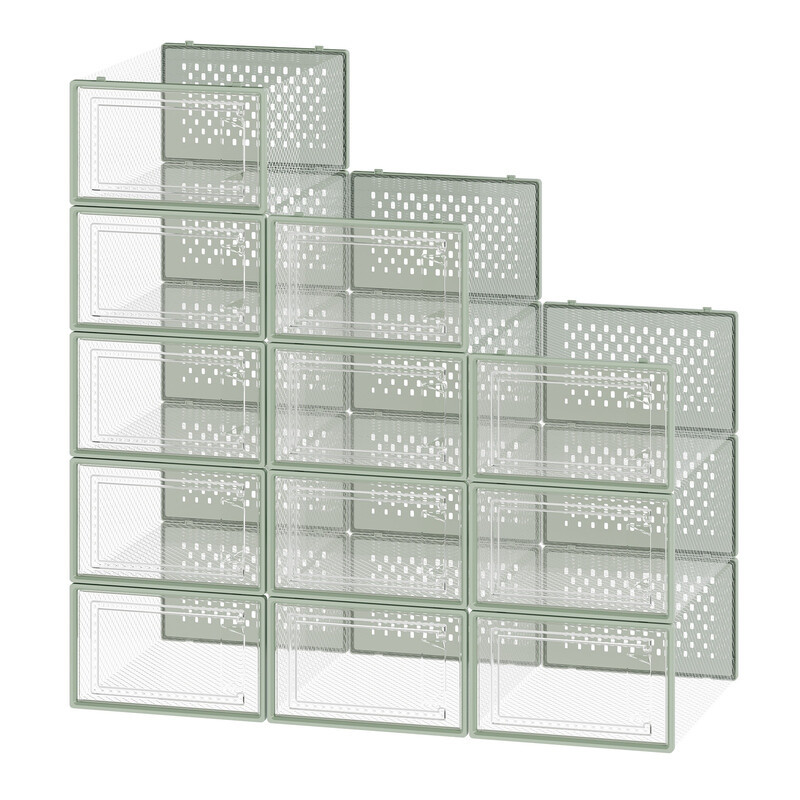 JOYFURNOS Set van 12 stapelbare schoenenorganizers van transparant plastic, groen