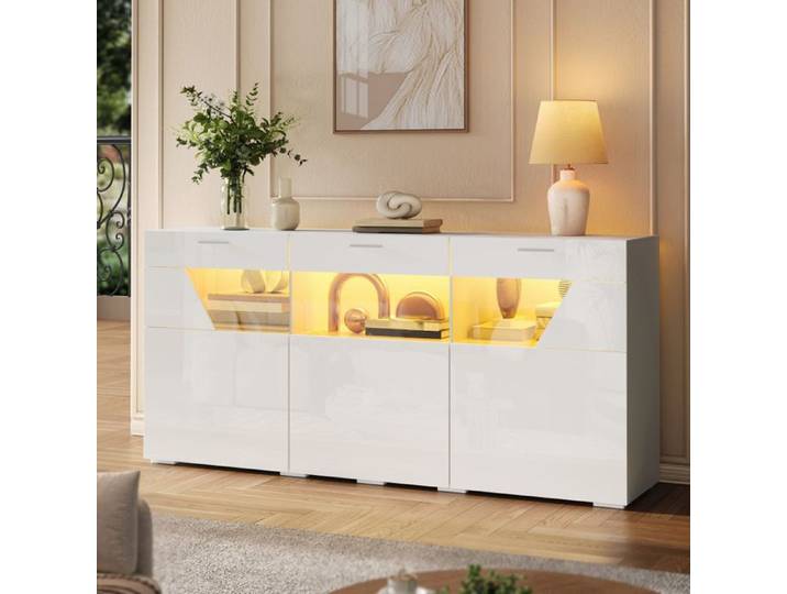 Piaenon - Buff Brillant 160x38x78 cm avec LED 3 Portes Verre Rangement Design Trapèze Design Moderne Salon - Blanc