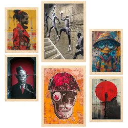 POSTER Set Mit 6 Graffiti Straßenkunst A3 & A4 Rahmen Aus Hellem Holz