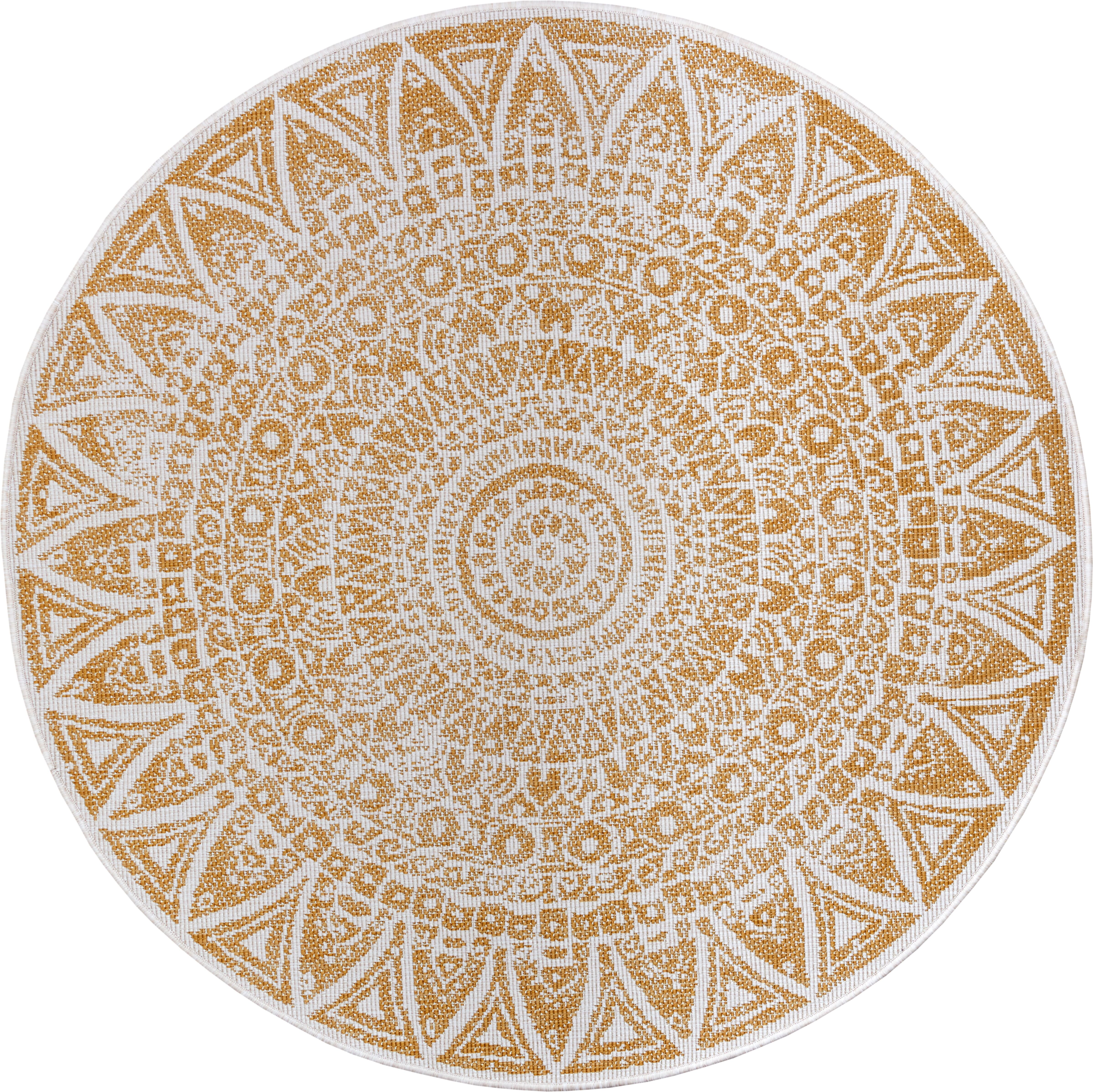 Teppich "Lilja Wendeteppich", gelb (ocker), H:5mm Ø:200cm, Polypropylen (PP), FREUNDIN HOME COLLECTION, Teppiche, Teppich, In-& Outdoor, beidseitig, Wetterfest, Balkon, Garten, Wohnzimmer ocker Ø 200cm 1 Stk., 5mm, Ø 200cm