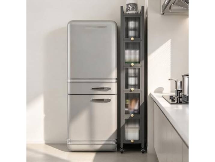 LJWFZBD Küchenschrank mit Klapptüren, 5-Ebenen Vorratsschrank auf Rollen Metall-Küchenregal, Moderne Aufbewahrung, Platzsparend, Mobil Oder Stabil(25cmW*40cmD*175cmH)