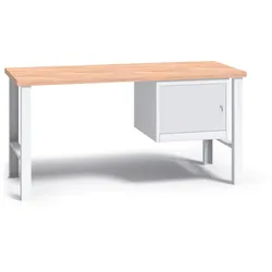 Werkbank mit Holzarbeitsplatte G3, festes Gestell, 1500 mm, 1x Schrank, grau
