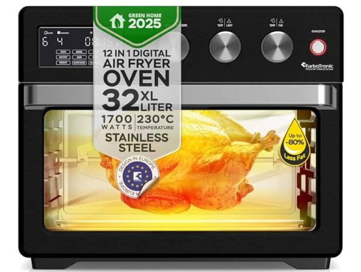 TurboTronic digitaler Heißluftofen - XXL 32 Liter mit Drehspieß für Hähnchen 5 in1 Mini Backofen, Dörrer & Power Heißluftfritteuse Airfryer ab 25°C