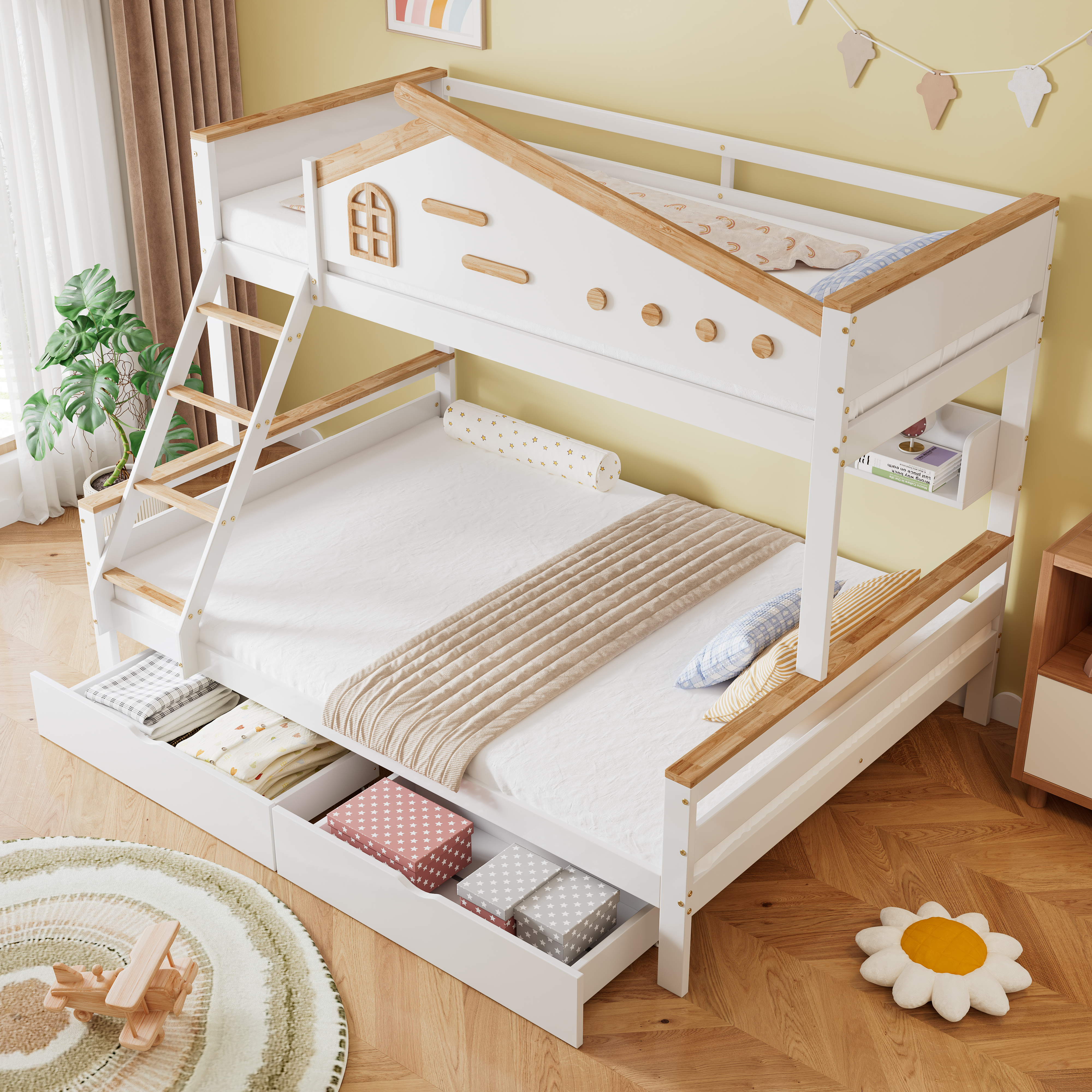 Kinderzimmer Etagenbett mit Schubladen, Fenster, offenem Regal, 4-stufiger Leiter, stabil, 90x200cm/140x200cm, weiß/natürlich