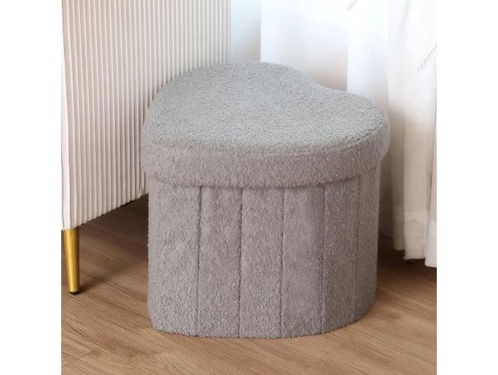 Klappbarer herzförmiger gepolsterter Fußhocker mit abnehmbarem Deckel, einfache Montage, weiche Teddy-Oberfläche, geeignet als Sitz und Dekoration für Schlafzimmer, Wohnzimmer und Eingangsbereich