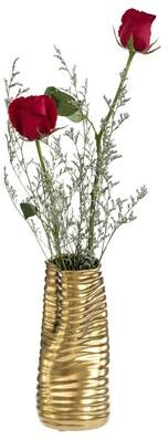 Fabulaxe 9-Inch Tall Ceramic Bent Melted Modern Style Sculpture Table Centerpiece Flower Vase, a Unique and Decorative Vase Gold Finish