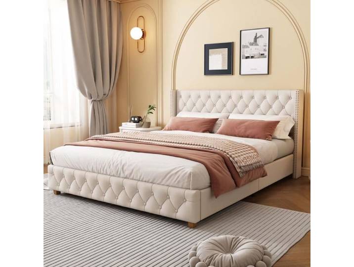 Lit adulte - ModernLuxe - 140x190cm - Tissu en lin - Beige - Sommier à lattes
