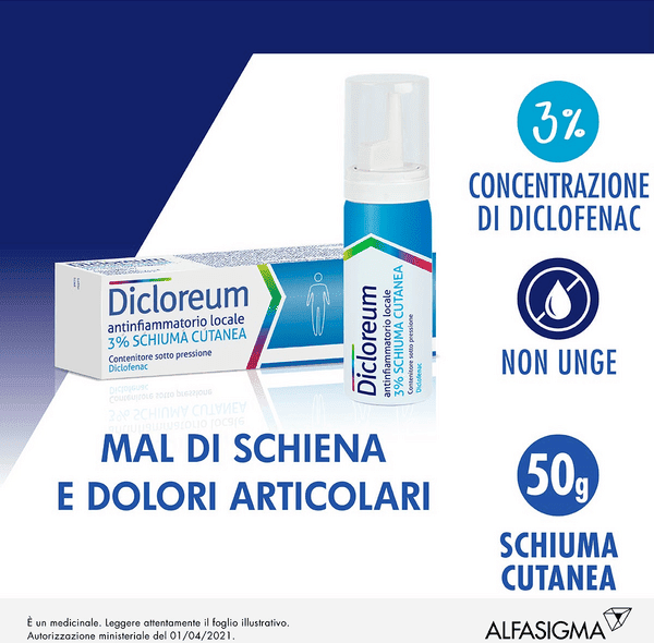 Dicloreum Antinfiammatorio Locale 3% Schiuma Cutanea Utile In Caso Di Dolori Muscolari, Dolori Articolari, Traumi 50g