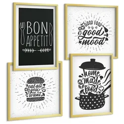 BILDER SET 4er Set - 50x50 cm & 40x60 cm Goldrahmen - Grafiken, Lebensmittel, kulinarische Slogans
