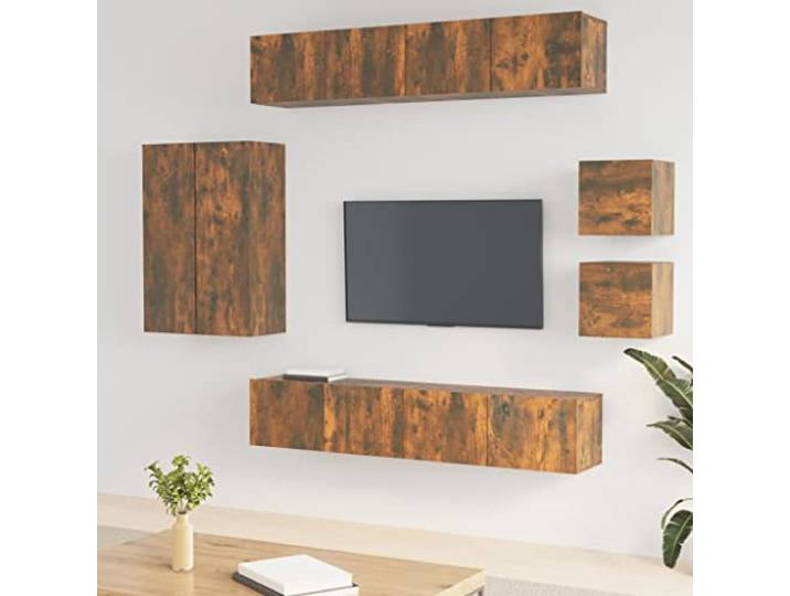 VIHHQGC 8-TLG. TV-Schrank-Set Räuchereiche Holzwerkstoff Wandmontage Wandmontage, viel Stauraum, glatte Oberfläche, stabil, feuchtigkeitsbeständig, Montageanleitung enthalten