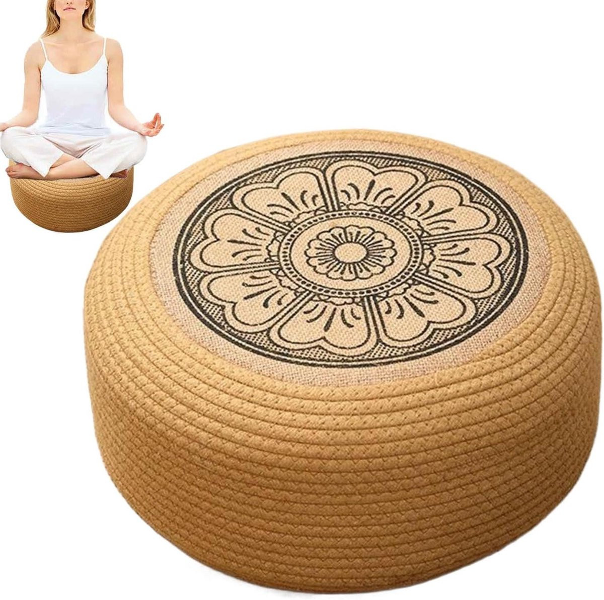 Handgemaakte rotan Ottomaanse poef zwart - Voetenbank en buitenkussen - Diameter: 40 cm