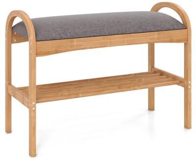 Costway 2-Tier Bamboo Shoe Bench with Padded Cushion and Shelf-Gray