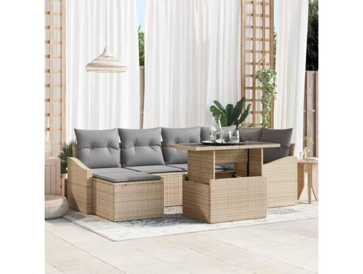 YUOTYRKTEJRSG UV beständig Modern Eckbänke Hocker Tisch Beige 7 TLG Garten-Sofa-Set mit Kissen 7 pcs Beige und Hellgrau, Poly Rattan, Modular, UV-beständig, für Garten und Terrasse