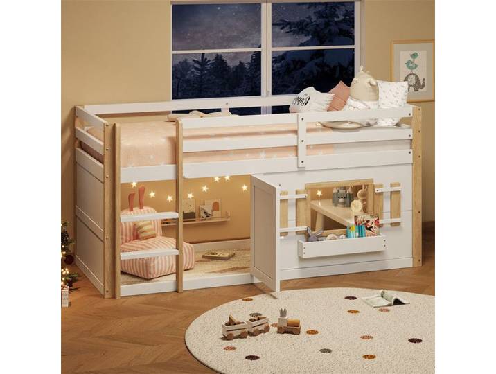 DRIPEX lit maison superposé 90 x 200 cm avec porte et fenêtre Lit enfant multifonctionnel avec échelle et aire de jeux Blanc