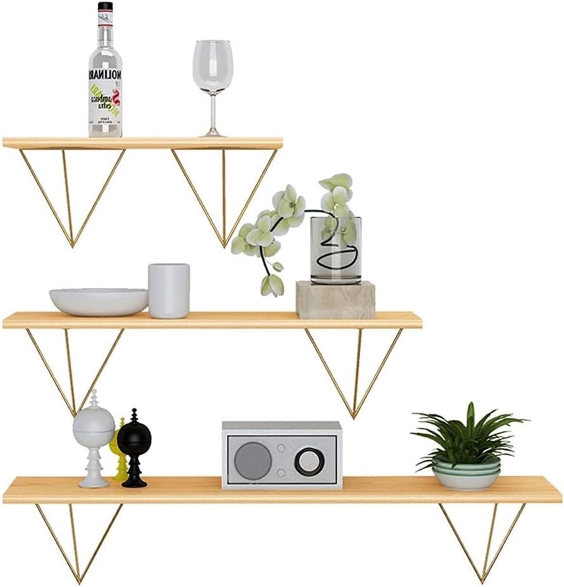 Wanddecoratieset met zwevende planken van massief hout en ijzer, Houtkleur, Lengte: 60 cm