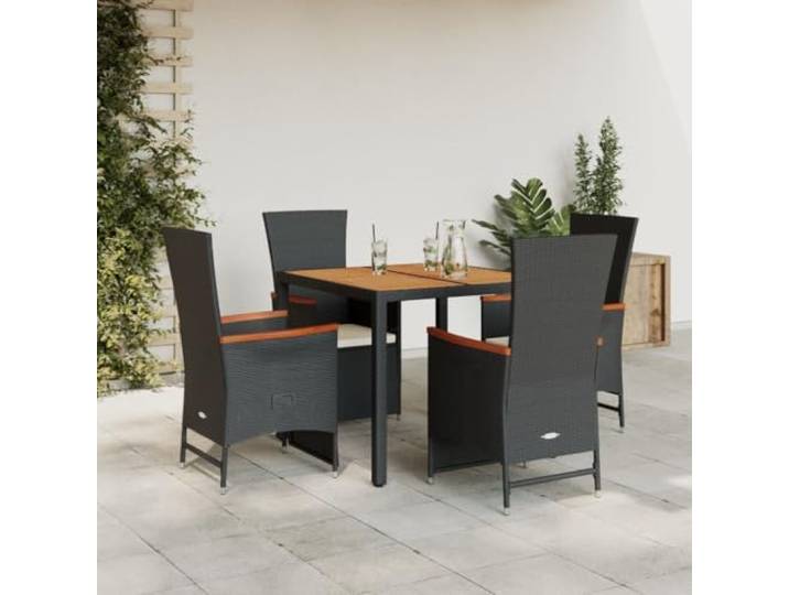 HEFZGDB 5-TLG. Garten-Essgruppe mit Kissen Schwarz Poly Rattan PE-Rattan Outdoor Esstischgruppe mit verstellbaren Sesseln und Akazienholz Tischplatte für Terrasse Gartenmöbel Set