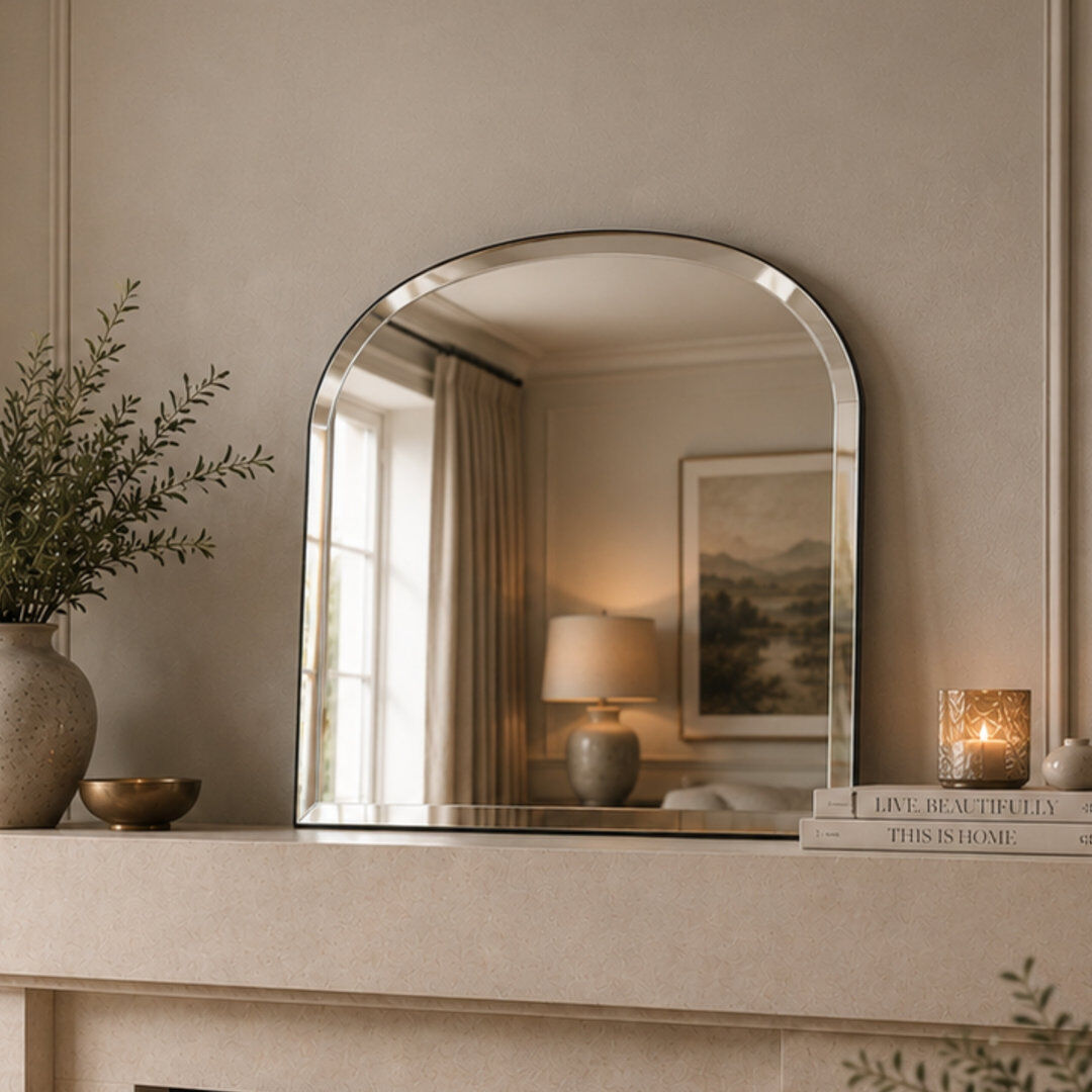 Brayden Studio Arch Fernbush Wood Framed Curved Overmantle Mirror Black 69cm H X 2cm D