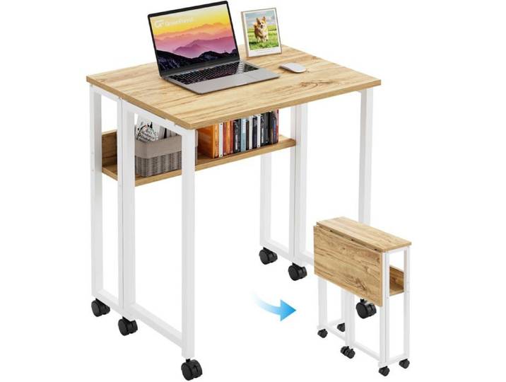 GreenFest Bureau Pliable à roulettes 63cm Table d'appoint avec Rangement Beige 63x50cm 63x50cm TABLE D'APPOINT