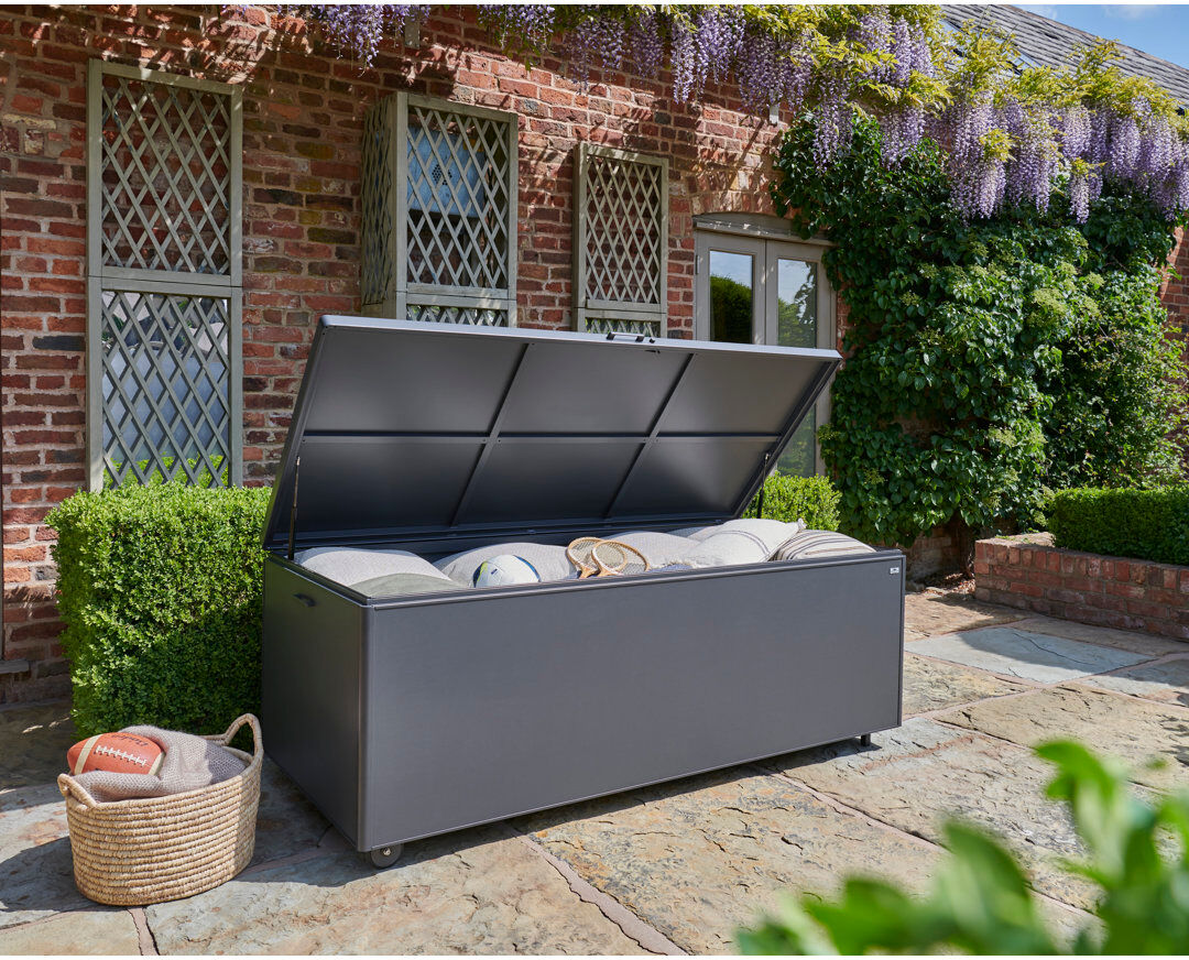 Norfolk Leisure Royce Storage 200 cm W 976 L Water Resistant Aluminium Lockable Deck Box with Wheels in Grey Grey 74cm H X 200cm W X 90cm D
