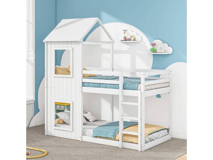 Dripex Lit Superposé 90×200cm Lit Maison avec échelle baldaquin lit cabane avec barrière de sécurité Blanc