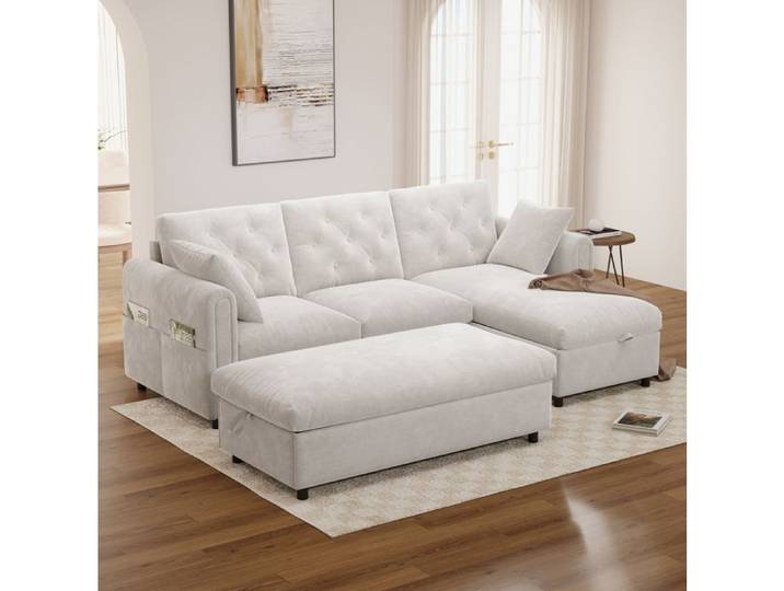 Modenuit Canapé convertible 3 places en velours beige chaise longue réversible coffre de rangement pouf inclus