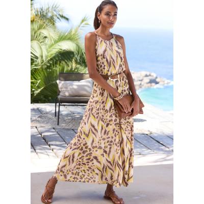 Maxikleid LASCANA "mit Alloverdruck aus leichter Webware", Damen, Gr. 44, N-Gr, beige (sand, taupe bedruckt), Web, Obermaterial: 100% Viskose, bedruckt, figurumspielend lang, amerikanischer Ausschnitt, Kleider Maxikleid, leichtes Sommerkleid, langes...