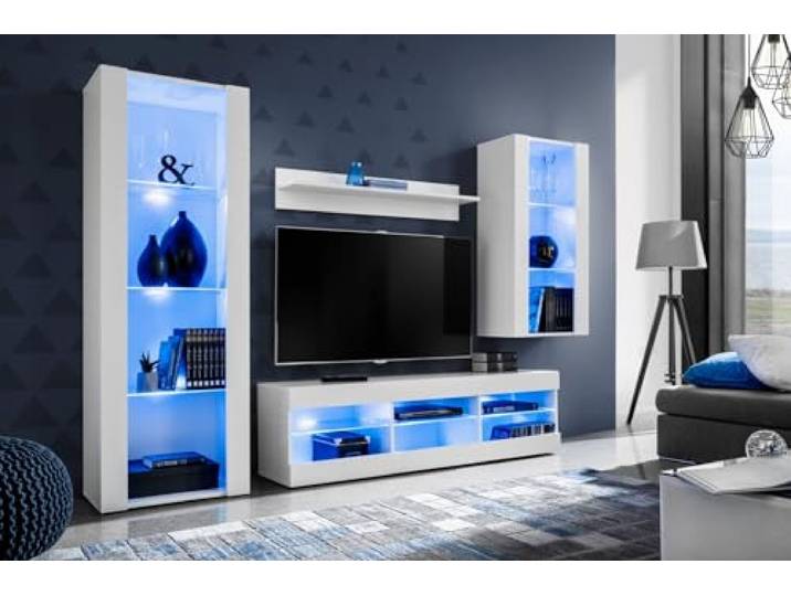 Komodee Wohnwand TV Tivoli Medio A1 Weiß/Weiß 245x159x35 cm Wohnwand Tivoli Medio, Weiß/Weiß, Breite 245cm x Höhe 159cm x Tiefe 35cm, LED Blau, für Wohnzimmer