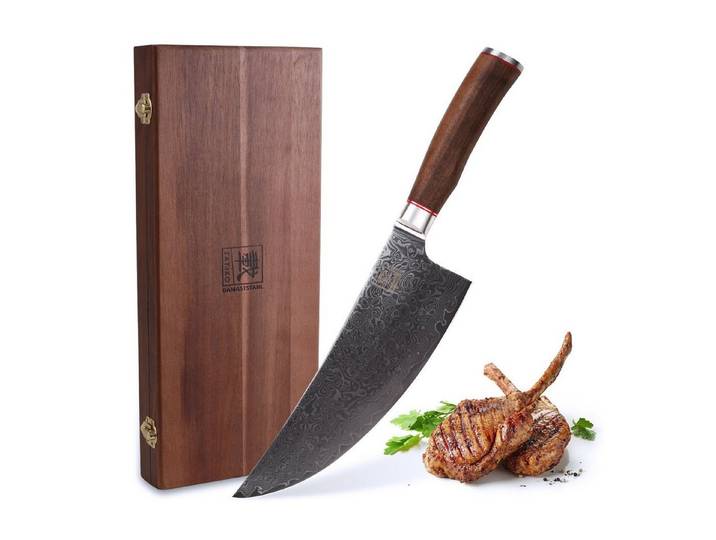 ZAYIKO Asiamesser Kurumi Damast Kochmesser Küchenmesser 20 cm Klinge Nussbaumholzgriff, Damaststahl, VG10-Kern