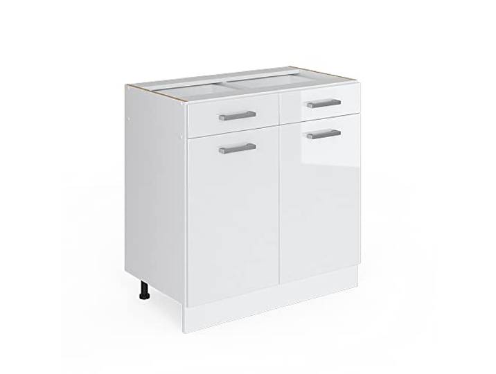 Vicco Küchenunterschrank R-Line, Weiß Hochglanz, 80 cm 2 Schubladen · Ohne Arbeitsplatte · Höhenverst. Füße · 2 Türen · Leichter Zugriff