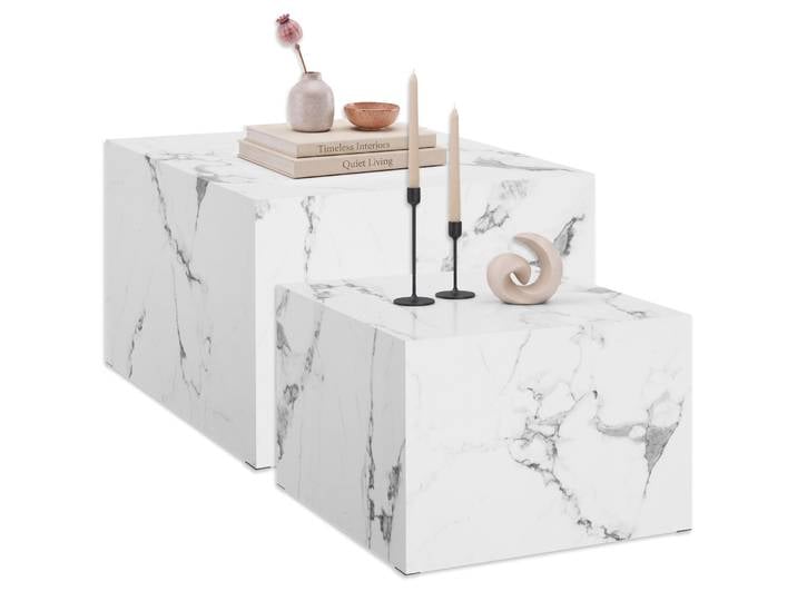 2er-Set Couchtische Lacey, quadratisch, kein Aufbau, MDF - Marmor Optik weiß