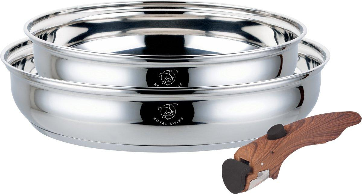 Royal Swiss 3-delige RVS koekenpan set met afneembare handgreep, geschikt voor inductie, 24 en 28 cm
