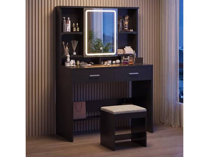 JUMMICO Schminktisch-Set in Schwarz mit LED-Spiegel & dimmbarer Beleuchtung, Frisiertisch mit 2 Schubladen, verstellbaren Regalen und Schmuckablage, inklusive Hocker, moderner Stil