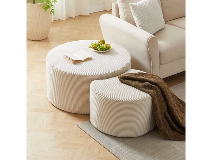 WOVREO Lot de 2 tables basses rondes rembourrées en tissu beige ottoman sans montage
