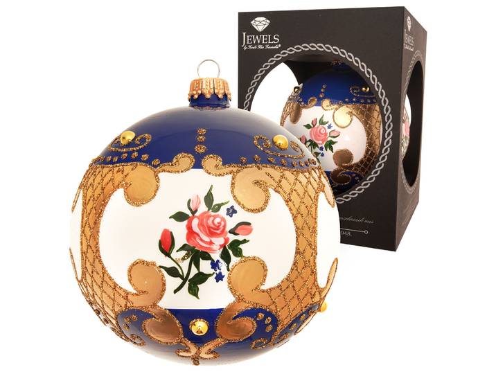 Weihnachtsbaumkugel KREBS GLAS LAUSCHA Weihnachtskugel Rosendesign blau weiß 10cm , blau, B:10cm H:10cm T:10cm Ø:10cm, Glas, Weihnachtsbaumkugeln, Weihnachtsbaumkugel, Dekoriert mit Liebe zum Detail