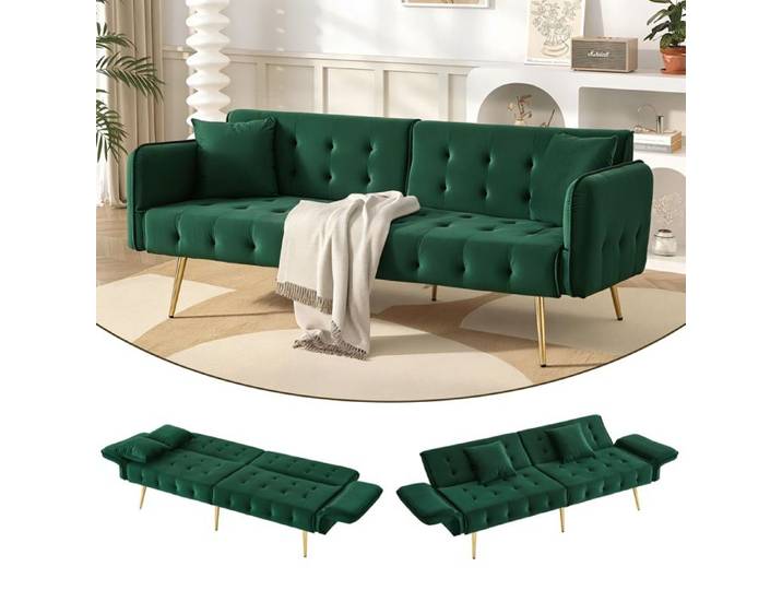 Canapé-lit convertible 2 places velours dossier réglable accoudoirs 6 positions Vert
