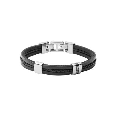 Armband FOSSIL "Schmuck Geschenk Edelstahl Leder VINTAGE CASUAL", schwarz (edelstahlfarben, schwarz), Armbänder, Damen, 19,5cm, Edelstahl Leder, Edelstahl, Leder, Armband