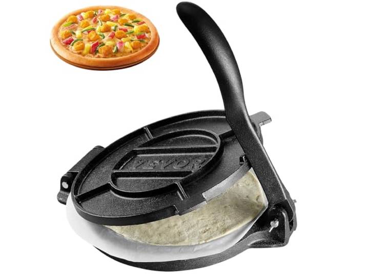 VEVOR Tortillapers, 25,5 cm tortilla- en roti-maker, gietijzeren zware tortilladorapers, voorgekruide pataconera-maker met 100 stuks perkamentpapier, deegmaker voor bloemtortilla, tawa, zilver