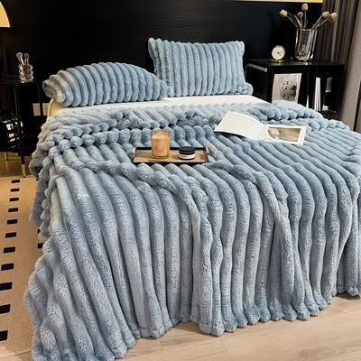Shop Station Thick Wide Striped Flannel Blanket Soft Waterproof Sofa Throw & Cozy Bed Blanket blue 39.37 59.06 In