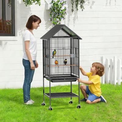 Karl Home 51in Wrought Iron Rolling Bird Cage, Large Flight Cage with Roof-top & Bottom Shelf, for Parrots Cockatiels Small/Medium Birds