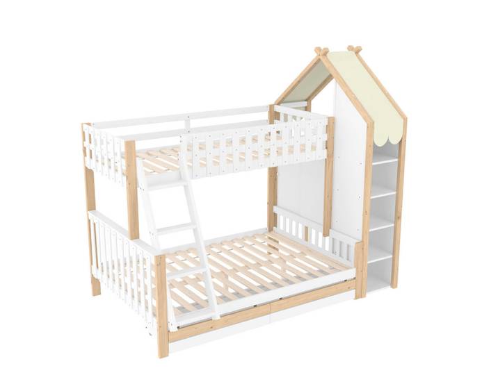 ComfortXL Etagenbett Hausdesign Weiß/Natur, Naturfarben, Holz, 140x200 cm, Babymöbel & Kindermöbel, Kinderzimmer & Jugendzimmer, Stockbetten