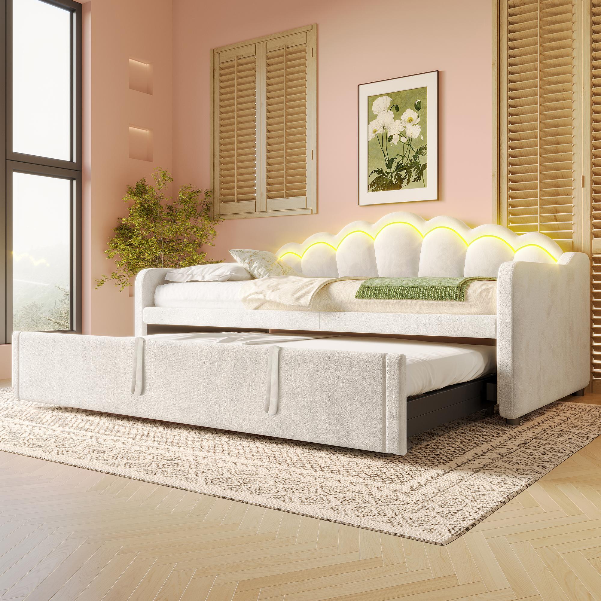 Tagesbett mit ausziehbarem Bett, Schlafsofa, Einzelbett (Ohne Matratze), Doppelbett, Samt, Farbwechselbarer LED-Streifen, 90x200cm(180x200cm), Beige