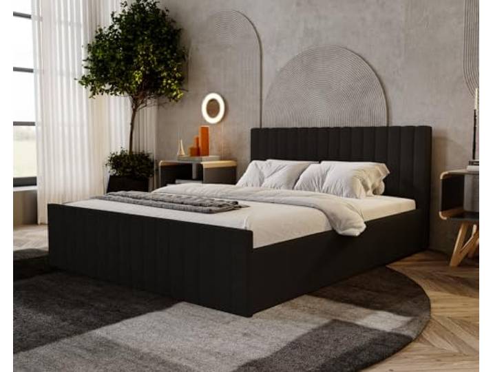 Emporius Polsterbett 180x200 cm Billo Slim - Doppelbett mit Bouclé-Stoff, Lattenrost, Bettkasten - Glamour, Elegant, Polsterbett (Schwarz - Anthology 19)