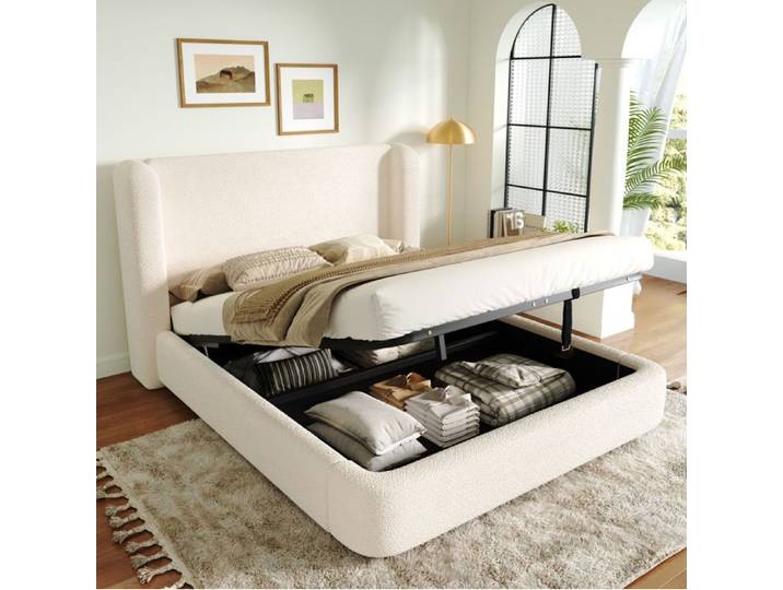ULEVR Lit double 180 x 200 cm en tissu bouclé beige sommier à lattes tête de lit rembourrée coffre hydraulique