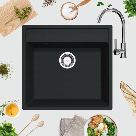 Spüle Schwarz Granit 1 Becken mit Chromarmatur - Küchenspüle Arbeitsplatte