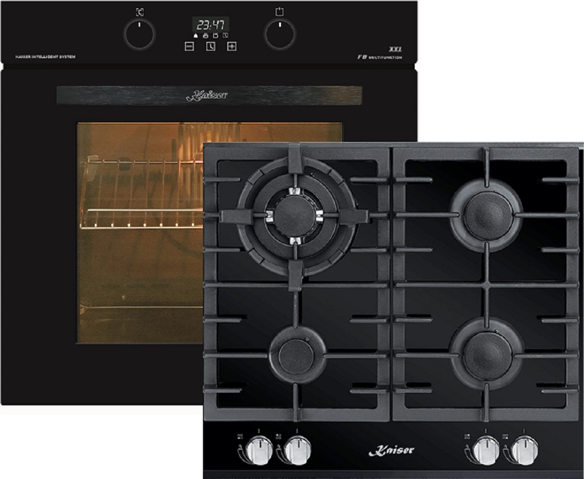 Kaiser Küchengeräte Gasherd-Set EH 6361 S+ KC6380, Einbau-Backofen 60cm in Schwarz /Elektro Backofen/Gas-Kochfeld 60 cm/Autark/Drehspieß/Grill/Heißluft/Selbstreinigung/Erdgas/Propangas